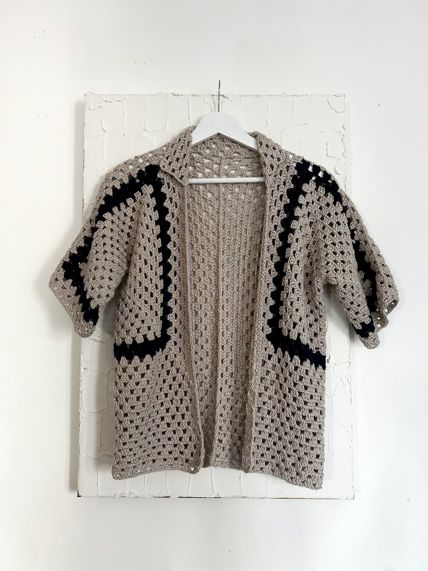 men's crochet beige and blue striped shirt